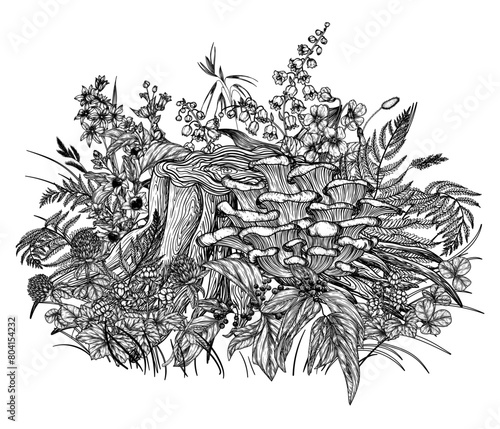 Vector illustration of oyster mushrooms on a stump surrounded by forest flowers, plants and berries in engraving style
