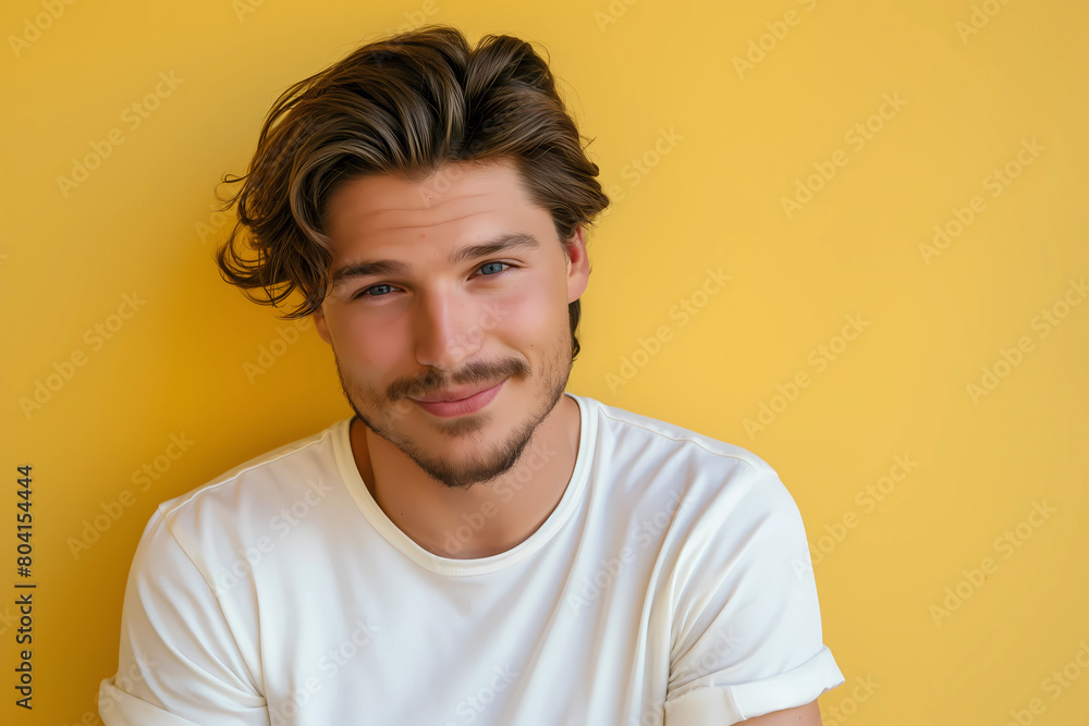 half body portrait of a young brunette and handsome man in white t-shirt cross his hand and smiling to camera. Advertising concept of healthy lifestyle and self-care. Soft flawless skin half body portrait of a young brunette and handsome man in white t-shirt cross his hand and smiling to camera. Advertising concept of healthy lifestyle and self-care. Soft flawless skin