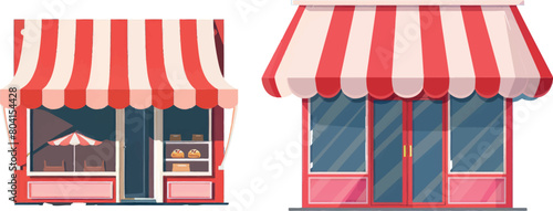 Red storefront canopy or striped awnings shop