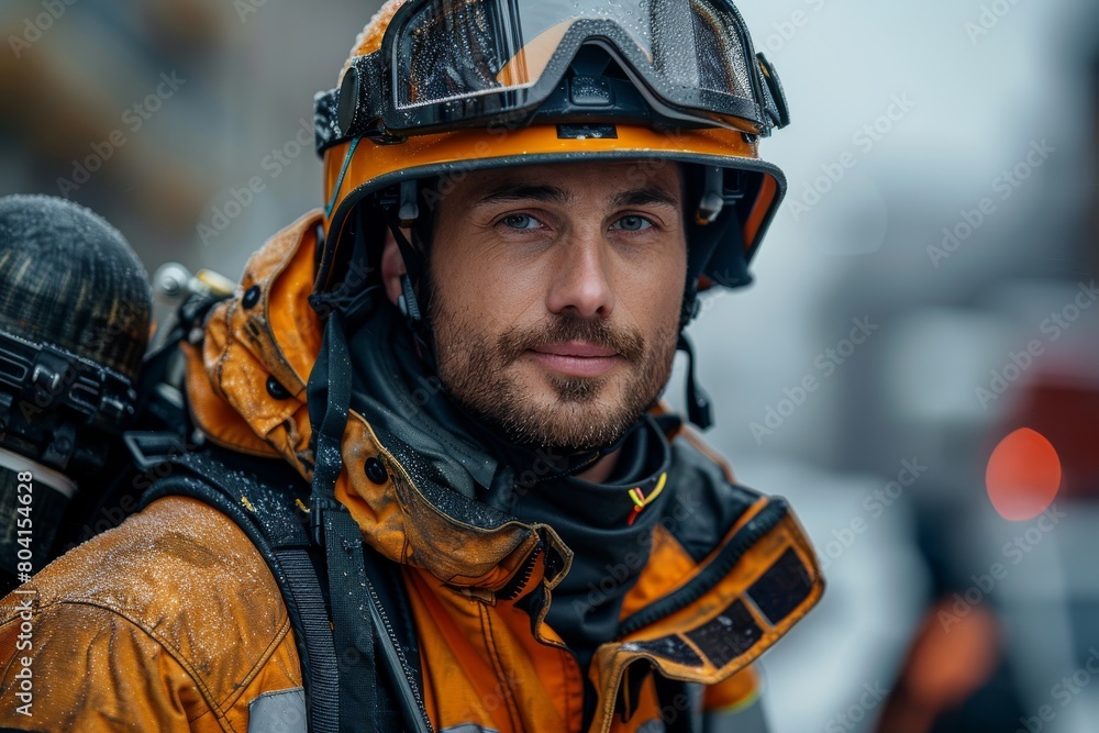 A focused male firefighter in orange helmet and protective gear with a serious expression A focused male firefighter in orange helmet and protective gear with a serious expression