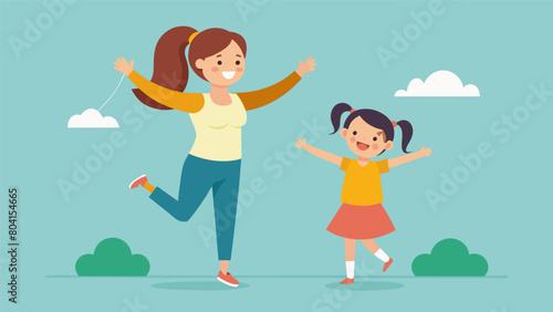 A mother and daughter challenging each other in a friendly game of Jumping Jack Jumble trying to see who can do the most jumping jacks in one minute.. Vector illustration photo