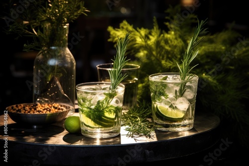 Gin Garden: Gin and tonic in a botanical setting, with juniper berries, herbs, and cucumber slices.