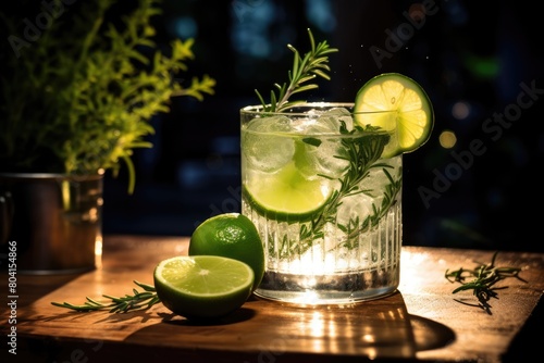 Gin Garden: Gin and tonic in a botanical setting, with juniper berries, herbs, and cucumber slices.