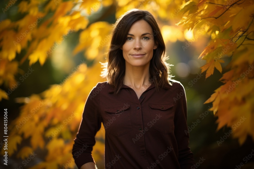 Portrait of a content woman in her 30s wearing a sporty polo shirt over background of autumn leaves Portrait of a content woman in her 30s wearing a sporty polo shirt over background of autumn leaves