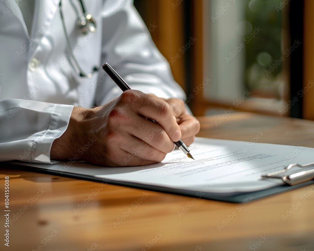 A doctor is writing in their paper with a pen on desk A doctor is writing in their paper with a pen on desk