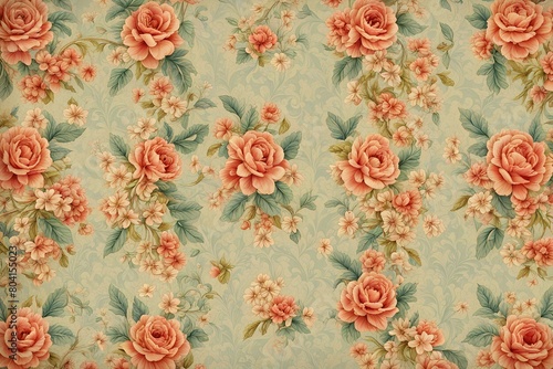 A floral wallpaper with pink roses and white flowers