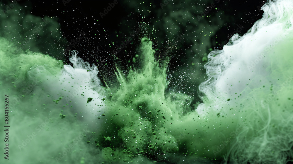 Green and White Color Powder Collide with Black Background
