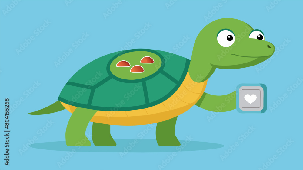 A wise old turtle with a health monitor on its shell as its owner tracks its heart rate and core body temperature.. Vector illustration A wise old turtle with a health monitor on its shell as its owner tracks its heart rate and core body temperature.. Vector illustration