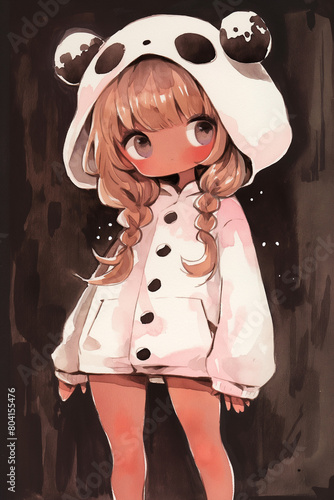 Illustration of a Cute Chibi Girl in Panda Style Hoodie Jacket Sweater