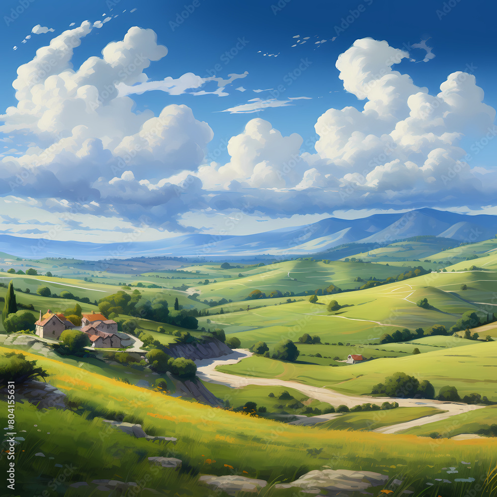 A peaceful countryside scene with rolling hills. 