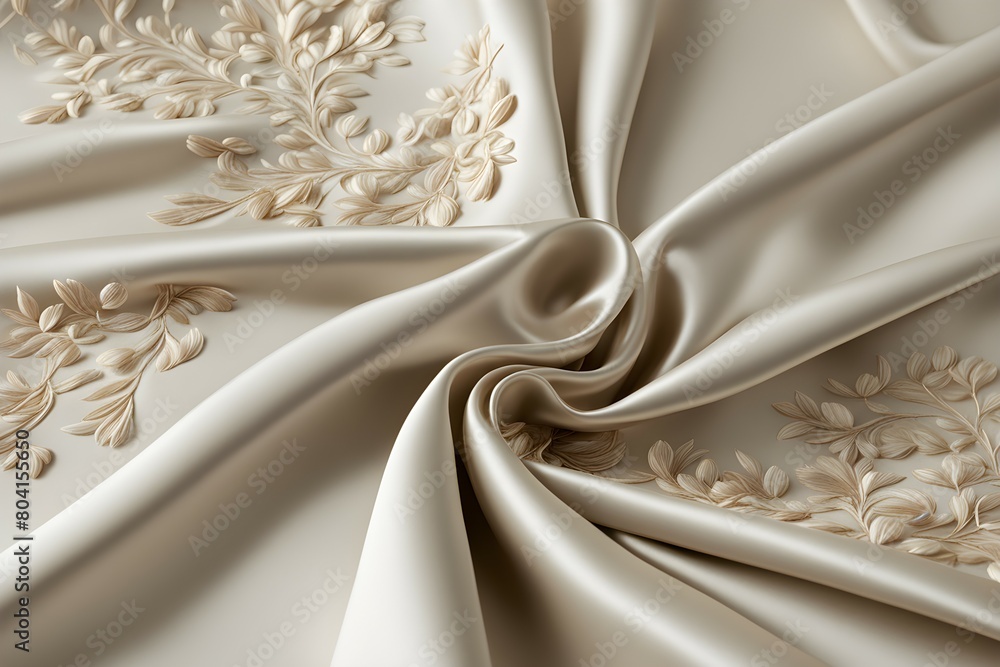 A white fabric with a floral design is shown in a close up A white fabric with a floral design is shown in a close up