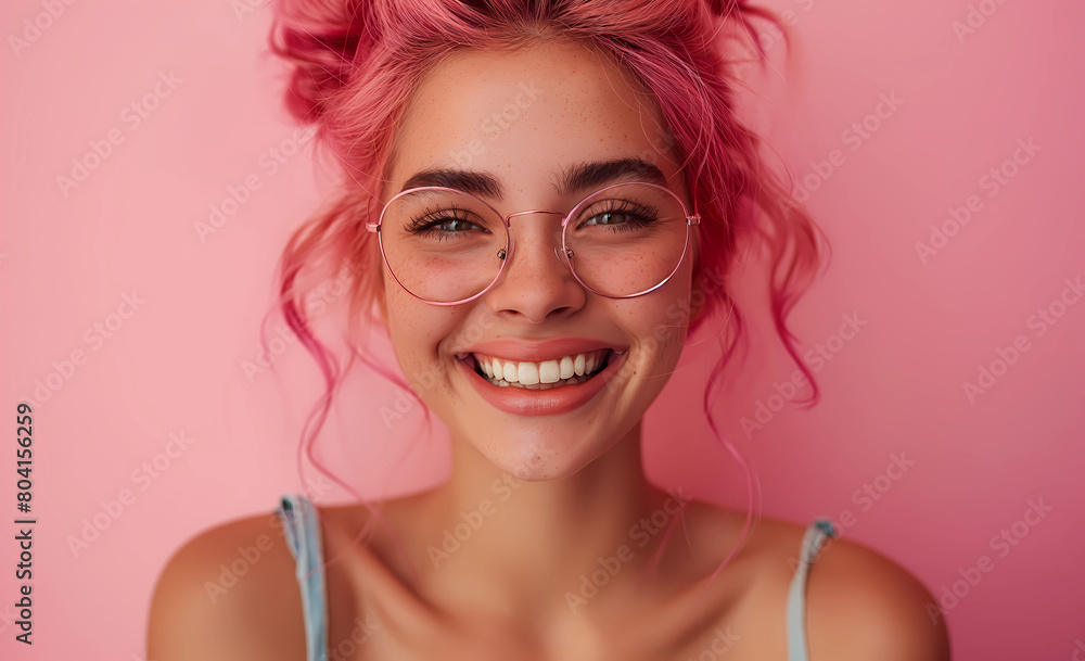 A young woman happy smiling to camera on pink pastel wall. People affection and care concept. Advertising concept of healthy lifestyle and self-care. Soft flawless skin A young woman happy smiling to camera on pink pastel wall. People affection and care concept. Advertising concept of healthy lifestyle and self-care. Soft flawless skin
