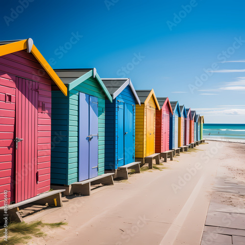 A row of colorful beach huts. © Cao