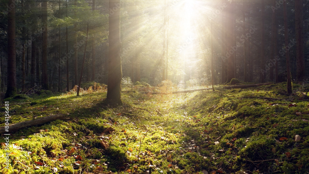 Fototapeta premium Beautiful sunny woods with sun beams. Bright sunshine in fairy-tale woodland with mossy floors.