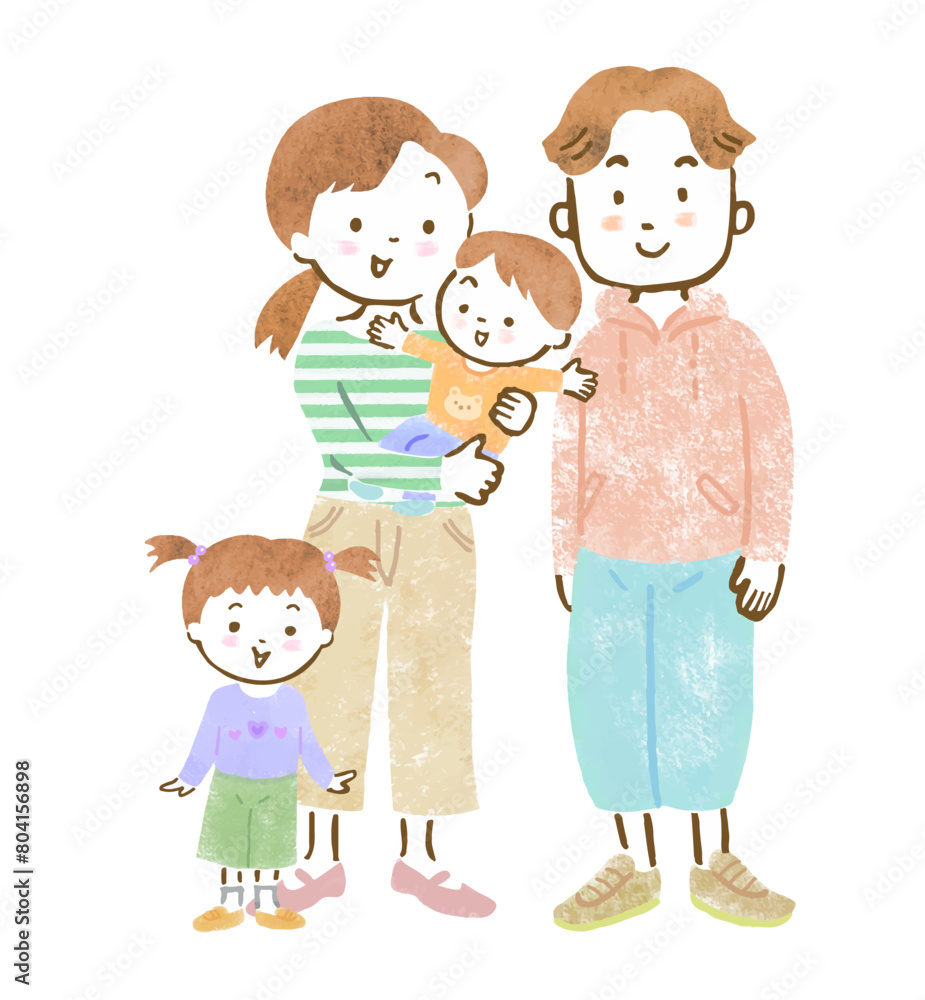 子供（男女）が2人いる4人家族の全身手描きイラスト