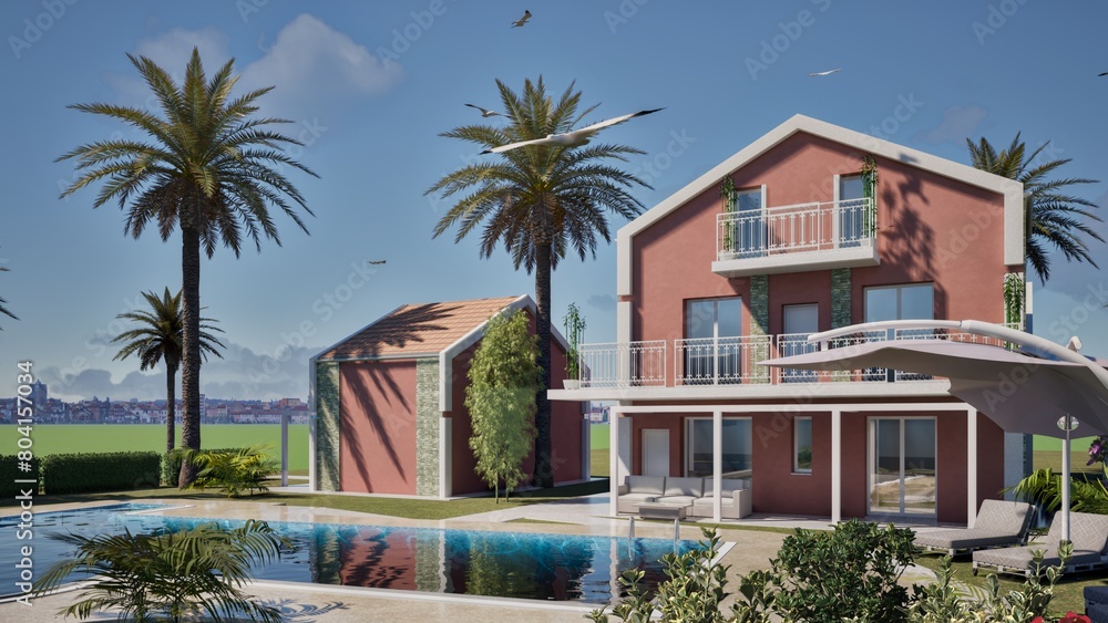 Fototapeta premium Modellazione e render 3D di edificio residenziale con piscina