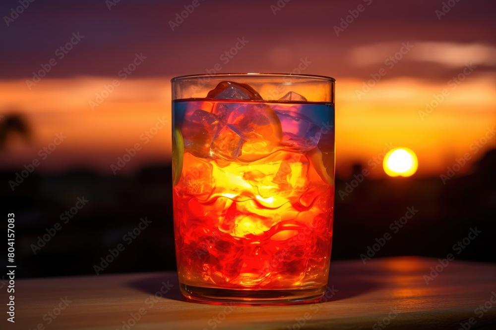 Rum Sunset: Rum punch in a sunset-inspired glass, with layers of colorful liquids. Rum Sunset: Rum punch in a sunset-inspired glass, with layers of colorful liquids.