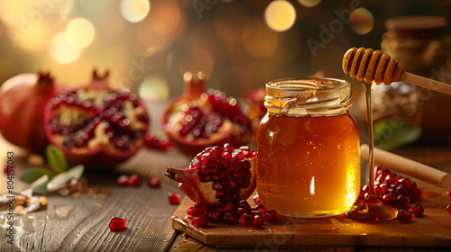 Jar of sweet honey dipper and pomegranate on table