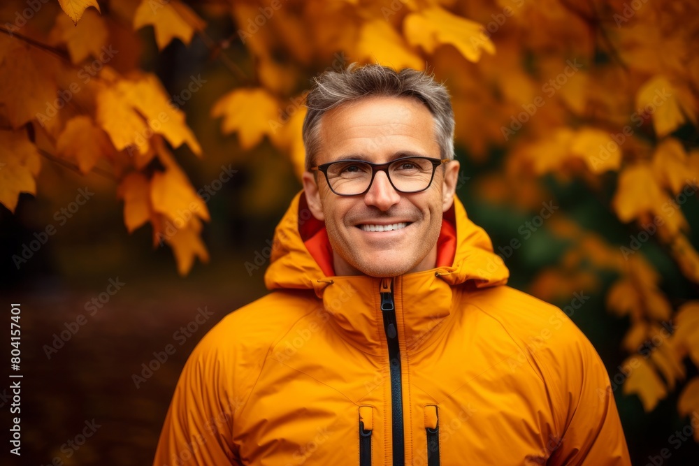 Portrait of a happy man in his 40s wearing a functional windbreaker while standing against background of autumn leaves Portrait of a happy man in his 40s wearing a functional windbreaker while standing against background of autumn leaves