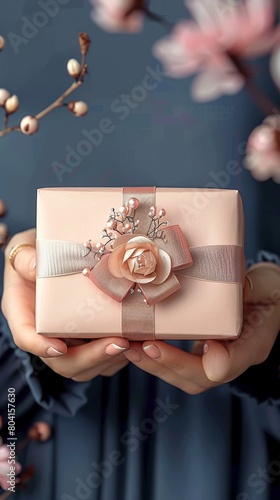 A person is holding a present with a black ribbon and flower decoration in the palm of their hands. The background is blurry, with a few out of focus pink flowers in the top right corner. © jp