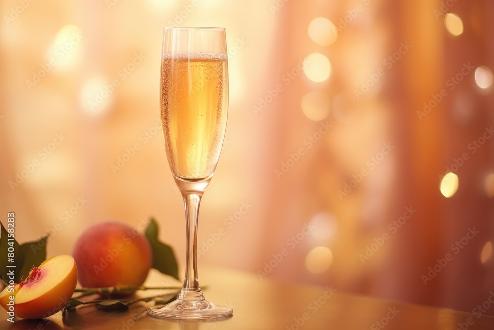 Peachy Perfection: Peach Bellini in a flute, adorned with a slice of fresh peach. Peachy Perfection: Peach Bellini in a flute, adorned with a slice of fresh peach.