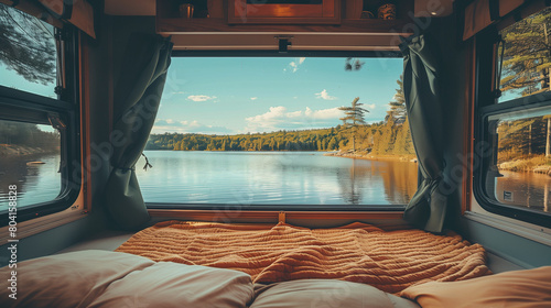 rv interior. the lake outside window, sunny