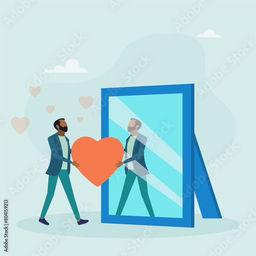 Body positive concept. A man looks at his reflection in the mirror, expressing love and care for himself. Love yourself. Love your body. I love me. Vector illustration.

