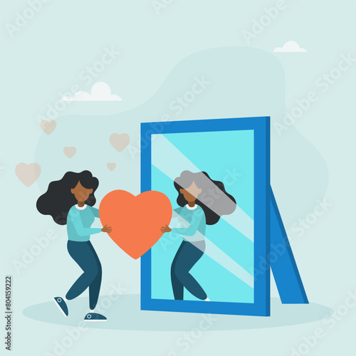 Body positive concept. The lady looks at her reflection in the mirror, expressing love and care for herself. Love yourself. Love your body. I love me. Vector illustration.
