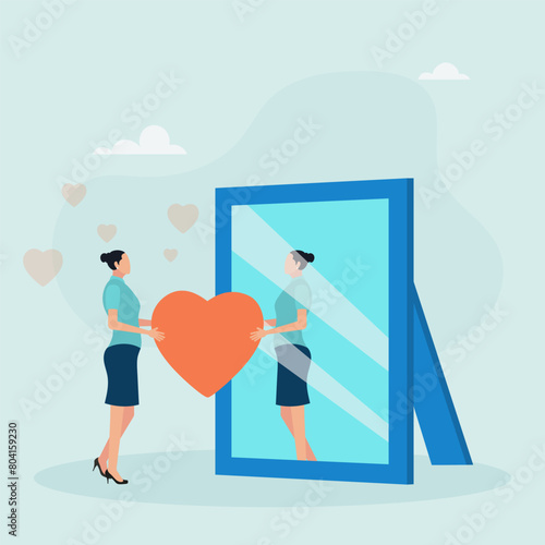 Body positive concept. The lady looks at her reflection in the mirror, expressing love and care for herself. Love yourself. Love your body. I love me. Vector illustration.
