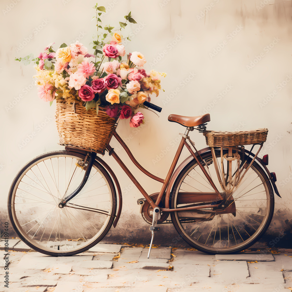 A vintage bicycle with a basket of flowers. 