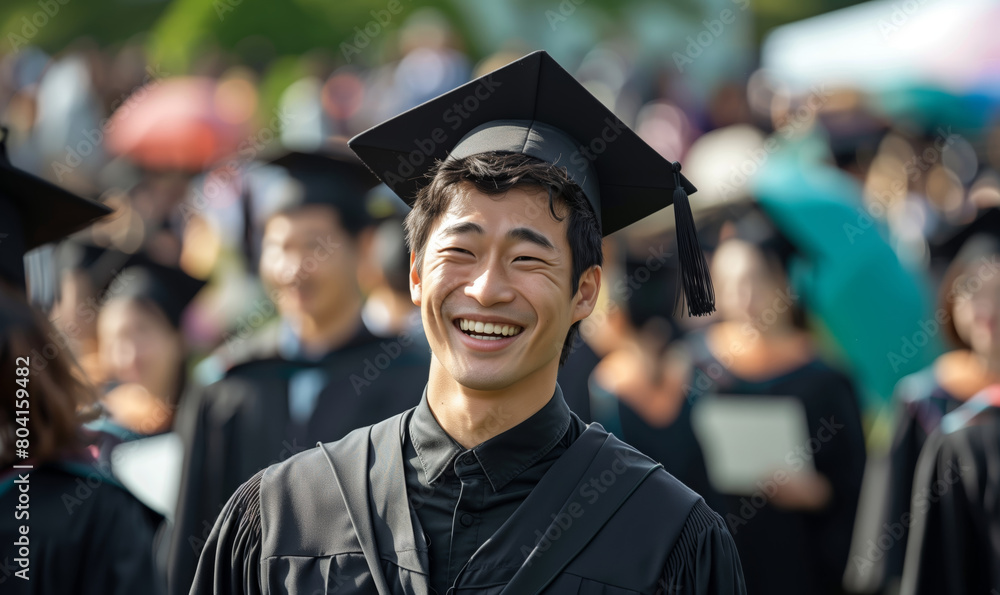 Fototapeta premium Smiling Asian young man university or college graduate standing with diploma over crowd of students background