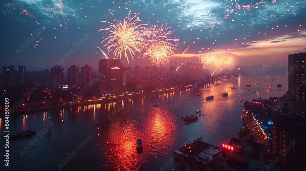 Sparkling fireworks, blooming over the city, modern city buildings, aerial view, natural light. Generative AI.