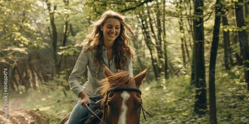 A young woman is riding a horse on a forest trail. She has long blond hair and is wearing a blue shirt. The horse is brown and has a white blaze on its forehead. The trees in the forest are green and  © jp