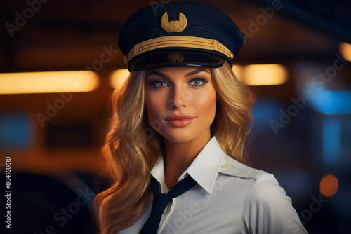 Portrait of attractive Female Airline Pilot in Uniform. Generative AI