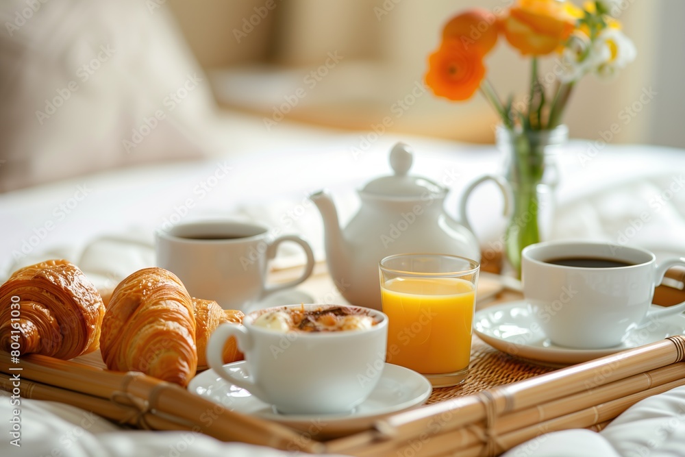 A breakfast tray with coffee, orange juice and croissant on the bed in luxury hotel room A breakfast tray with coffee, orange juice and croissant on the bed in luxury hotel room