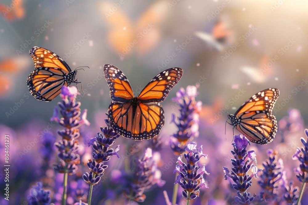 Naklejka premium Focus on clear Monarch butterflies with lavender, intentionally leaving one butterfly blurred to emphasize movement