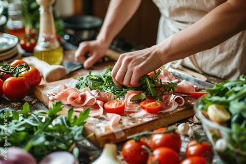 A closeup of hands preparing fresh vegetables and meat for an Italian pizza, with the table set in front of them with ingredients like tomatoes, arugula leaves, prosciutto, mozzarella cheese
