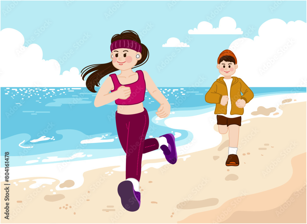 A woman and a man enjoying running on the beach A woman and a man enjoying running on the beach