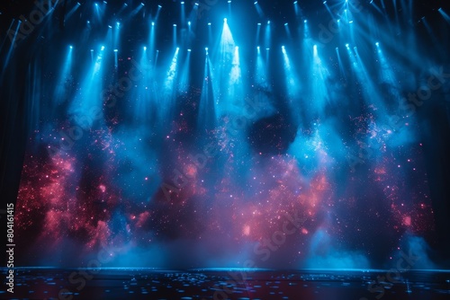 An empty stage with dramatic blue lighting and dynamic smoke effects perfect for concerts and performances