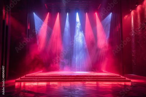 This striking stage image radiates with red and purple lighting effects  creating an atmosphere suitable for spectacular shows