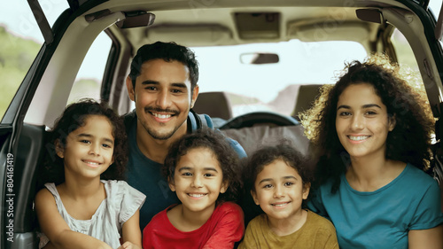 family sitting inside car trunk to leave for summer vacation. happy latin american father mother, 3 three little kids daughter's, prepare luggage in vehicle to go on a road trip, ready for travel time photo