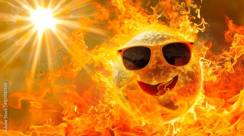 the sun is burning. the sun wearing black sunglasses. hot temperature. global warming. summer heat. 