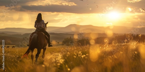 A person is riding a horse in a field. The sun is setting in the background. There are mountains in the distance. © jp