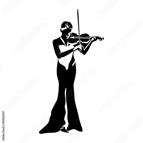 Violinist isolated vector black and white silhouette. Musician standing and playing violin on white background