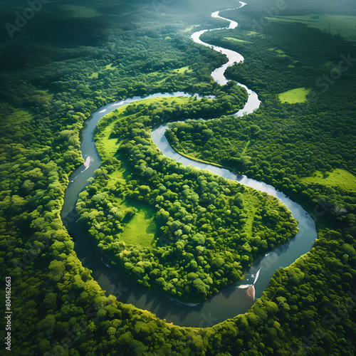Aerial view of a winding river through lush greenery photo