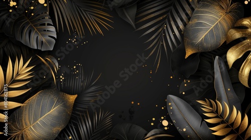 Black and gold tropical leaves on a dark background. Beautiful botanical design with tropical jungle leaves, exotic banana palms and golden paint smears. Wedding invitation card, holiday sale.