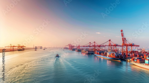 A panoramic view of a busy container terminal, with cargo ships lined up along the quay and gantry cranes in motion photo