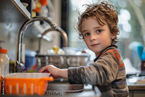 A young boy with curly hair helping with cleaning the dishes at the sink in the kitchen