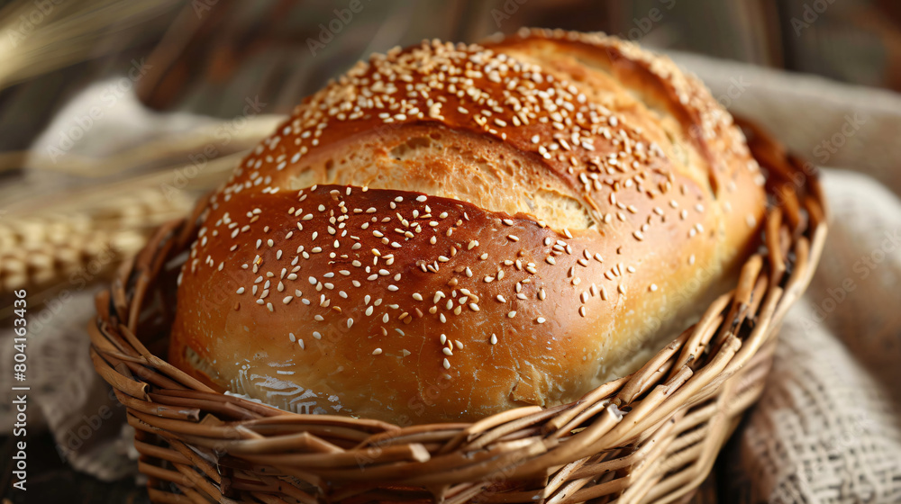 Loaf of bread with sesame seeds in basket