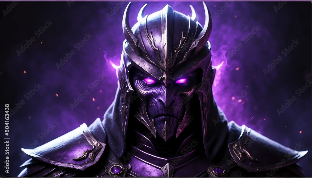 portrait of purple theme evil dark warrior with glowing eyes and armor on fantasy dark background from Generative AI